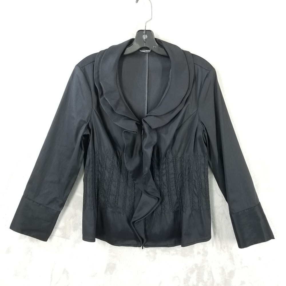 Samuel Dong Jacket Women M Black Zip Bendable Ruffle Collar Flip Cuff Pintuck